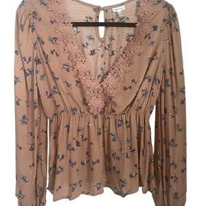Floral Tan Blouse with Lace Trim
